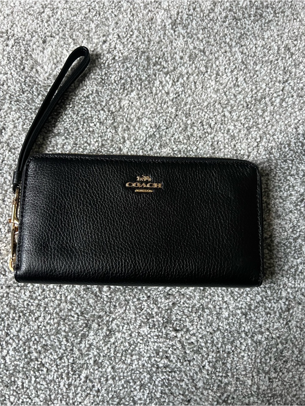 Coach Black Leather Zip-Around Wristlet with Gold Logo